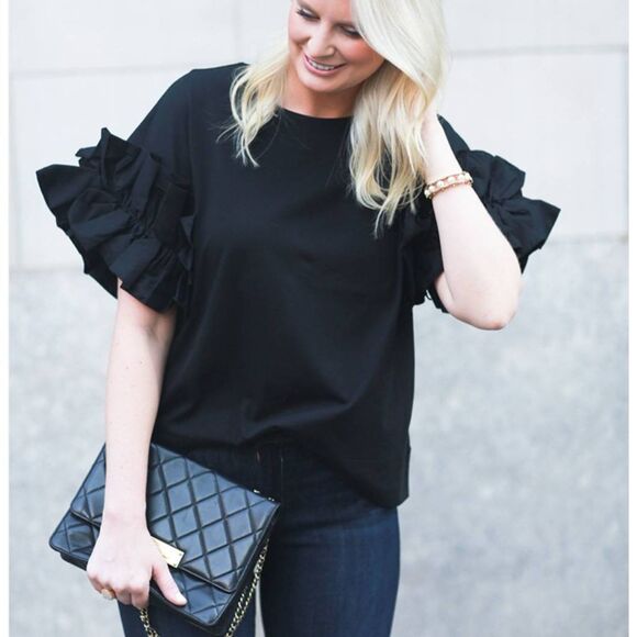Victoria Beckham Ruffle Sleeve Top in Black sz Medium - Picture 1 of 6